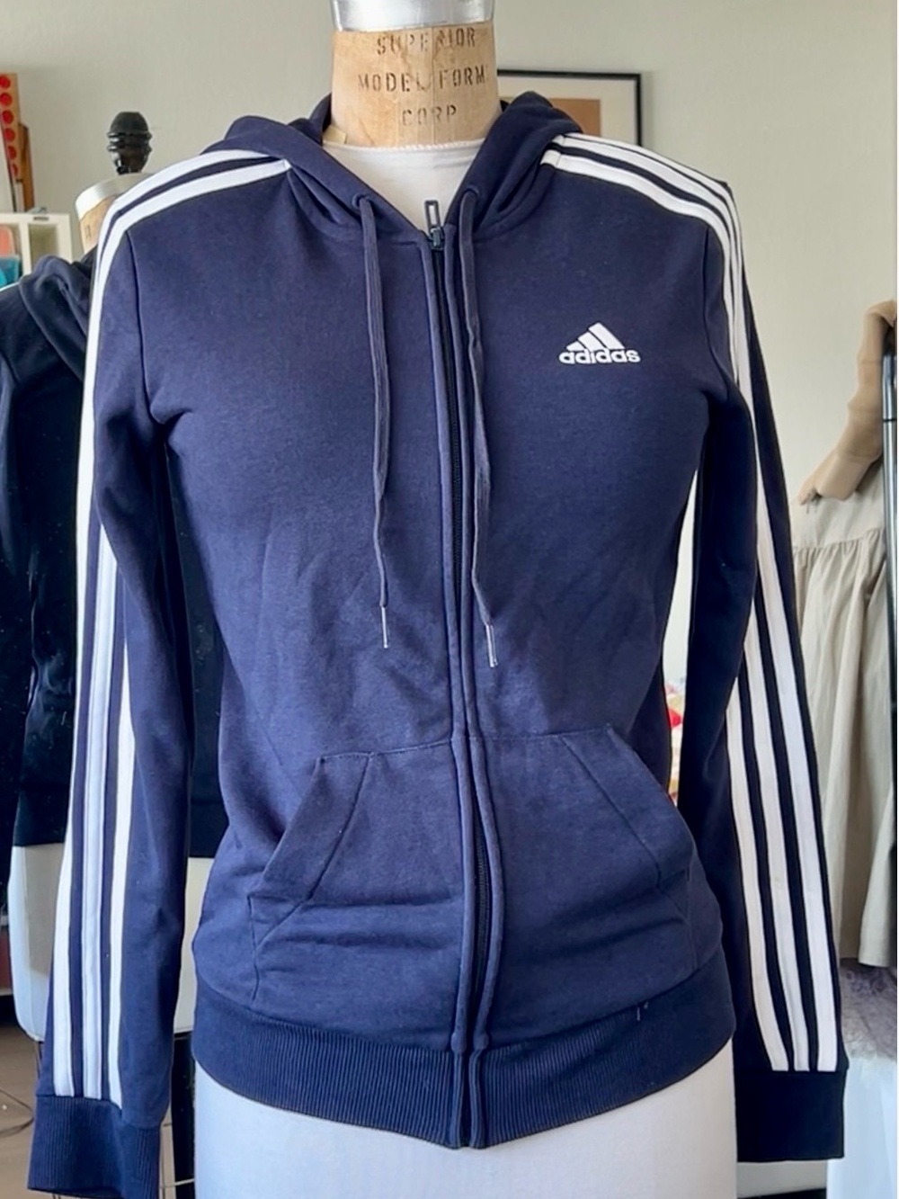 adidas Navy Zip-Up Three-Stripe Hoodie Jacket xs